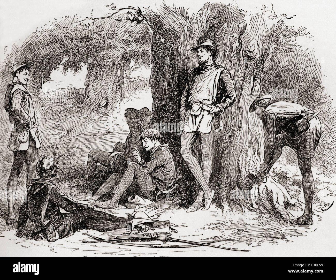 Una scena di William Shakespeare come vi piace. Atto II, scena 5. Amiens: "Sotto la struttura di greenwood chi ama dormire con me e girare il suo allegro nota fino al dolce bird la gola. Vieni, vieni, vieni qua.' illustrazione da Gordon Browne. Foto Stock