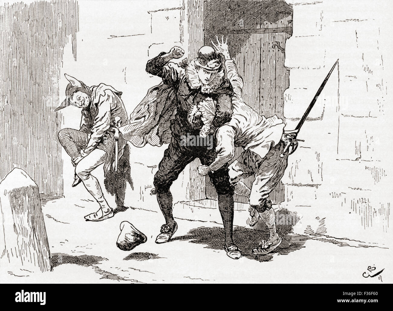 Una scena da William Shakespeare Twelfth Night. Atto IV, scena 1. Sebastian (battendo Sir Andrew): ' perché, c'è per te, e lì, e ci!' illustrazione da Gordon Browne. Foto Stock