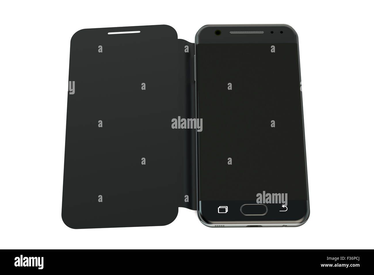 Smartphone con flip caso isolato su sfondo bianco Foto Stock