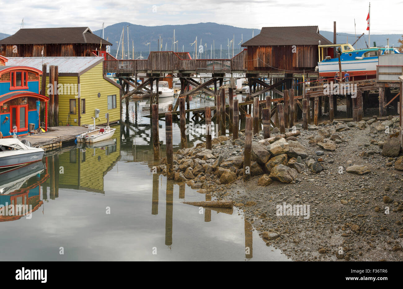 Colorato float-case in ambiente paesaggistico, Cowichan Bay, l'isola di Vancouver, British Columbia, Canada, America del Nord. Foto Stock