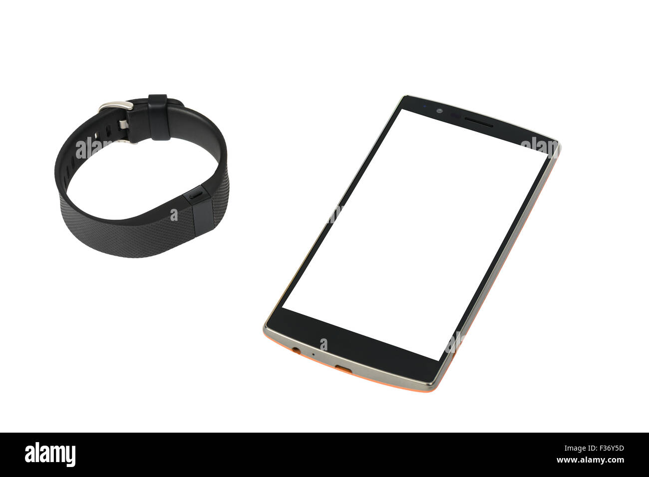 Wearable Sports Tracker con incorporato un sensore di frequenza cardiaca e smart phone, isolato su bianco Foto Stock