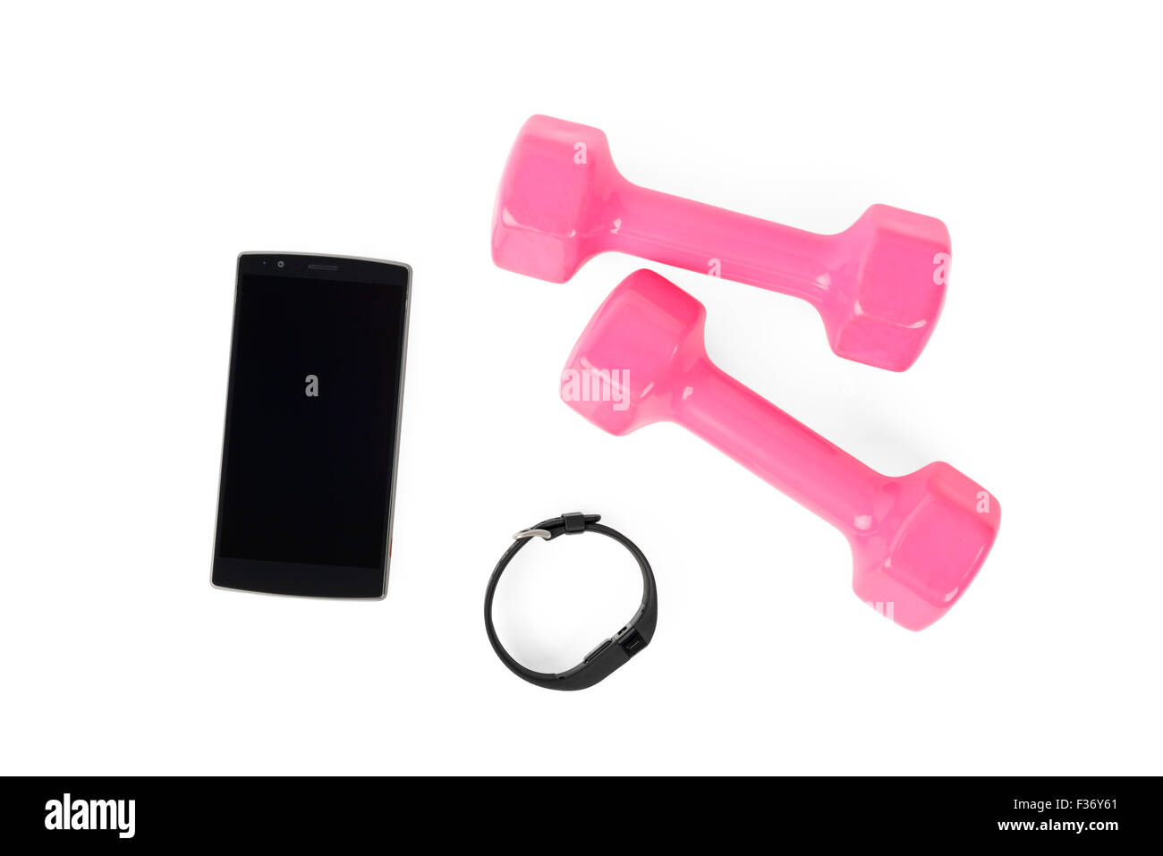 Dispositivo indossabile, wirst watch tipo Sport Tracker con lo smartphone e di colore rosa dumb-bell isolato su bianco Foto Stock