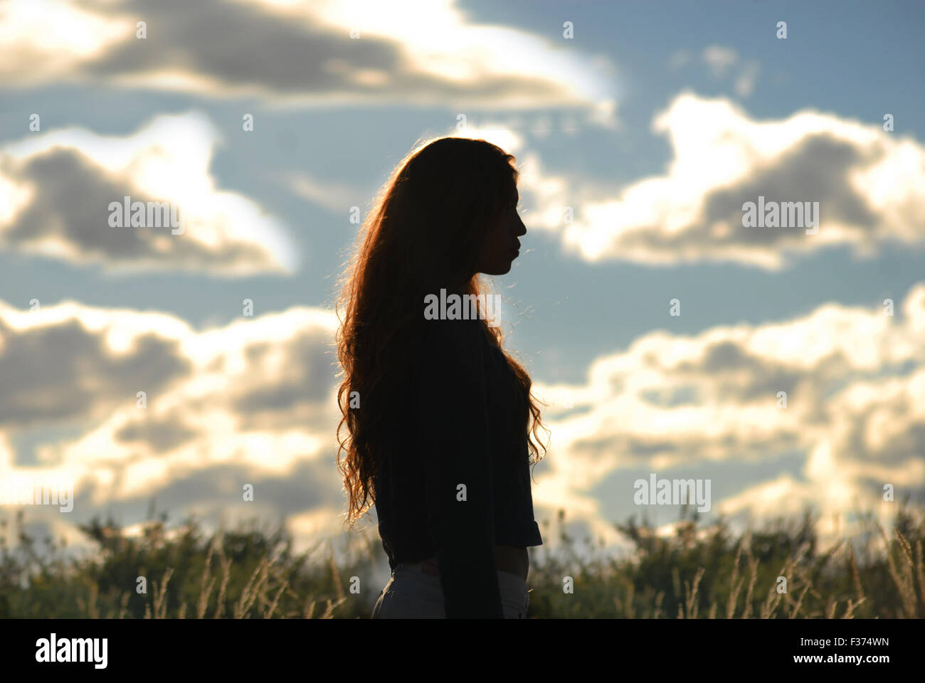 Ombra di una ragazza con un cielo nuvoloso dietro Foto Stock