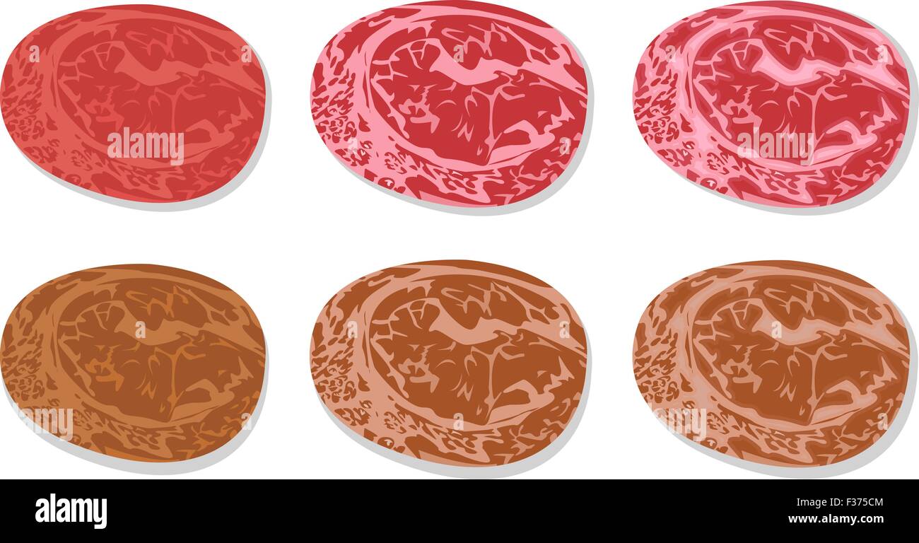 Set di diapositiva dettagliata fresco prosciutto e salame alla griglia con la linea di grasso in tessitura piana stile icona Illustrazione Vettoriale
