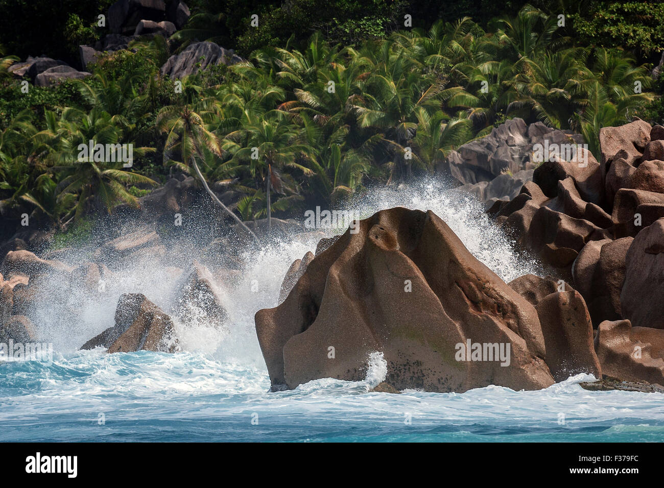 Forte surf, zangolatura mare, rocce di granito, palme dietro, Grand Anse, La Digue Island, Oceano Indiano, Seicelle Foto Stock