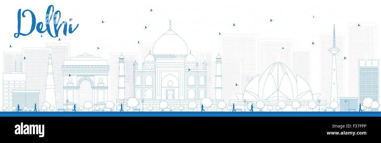 Profilo dello skyline di Delhi con punti di riferimento di colore blu. Illustrazione Vettoriale Illustrazione Vettoriale