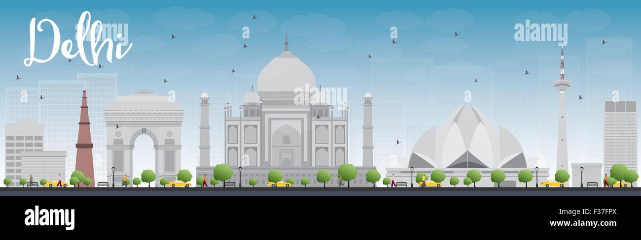 Delhi skyline con punti di riferimento di colore grigio e blu del cielo. Illustrazione Vettoriale Illustrazione Vettoriale