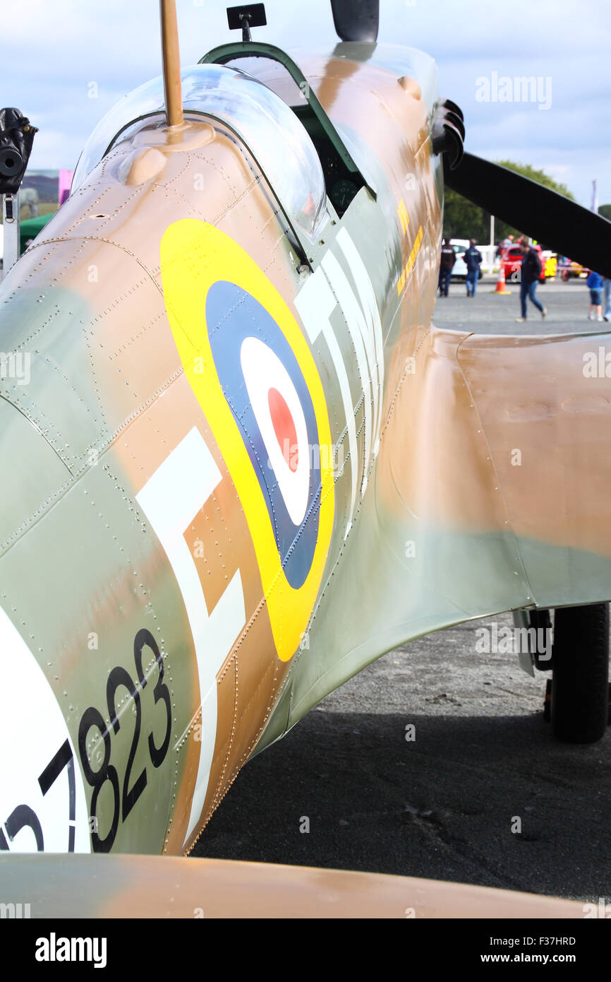 RAF roundel e tipo mimetica sulla fusoliera di uno Spitfire replica Foto Stock