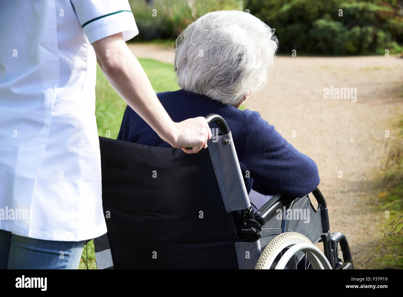 Chiusura del caregiver spingendo Senior donna in sedia a rotelle Foto Stock