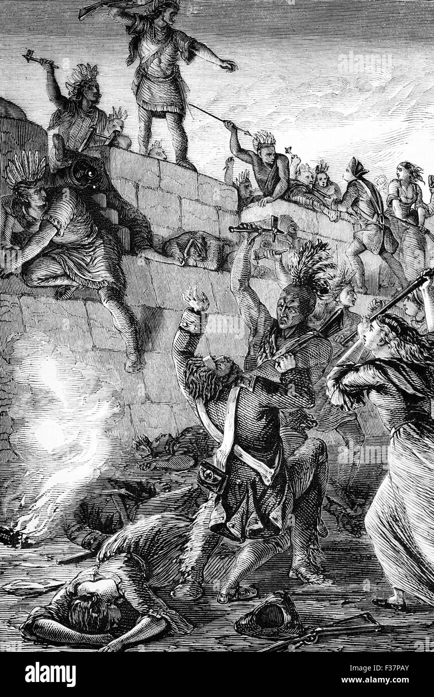 Iroquois raiders nella battaglia del Wyoming, un incontro durante la guerra rivoluzionaria americana tra American patrioti e lealisti accompagnato da The Iroquois che ha avuto luogo nel Wyoming Valley in Pennsylvania il 3 luglio 1778. Foto Stock