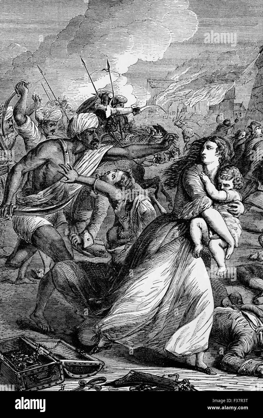 Le truppe di Tippoo Sahib o Tipu Sahib, sultano di Mysore (1782-99) saccheggio Madras nel 1772. Foto Stock