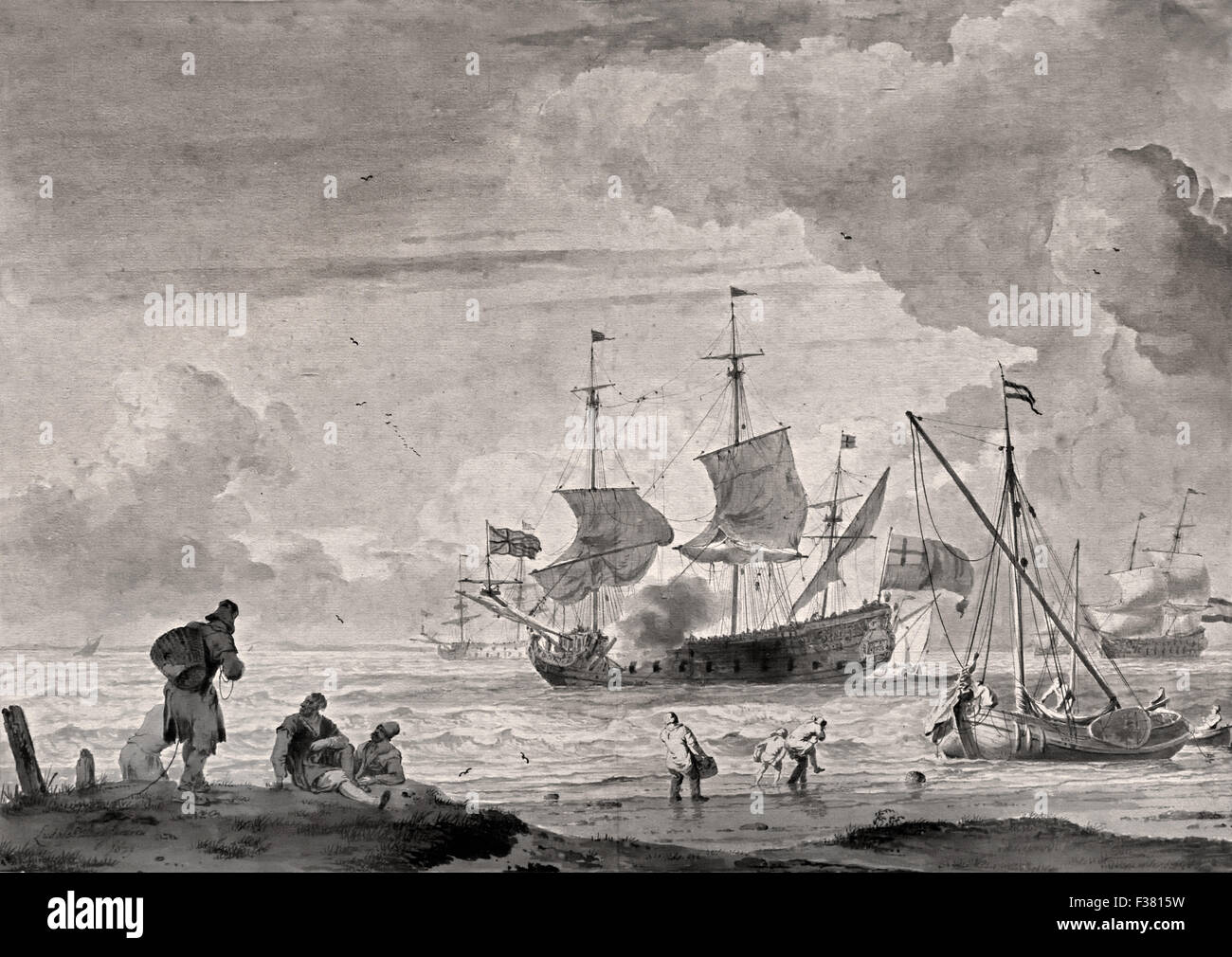 Seascape con un vascello inglese 1679 Ludolf Bakhuizen - 1630 - 1708, tedesco-nato, Olandese, Paesi Bassi pittore, disegnatore, calligrapher a, egli era il primo pittore olandese dei soggetti marittimi. Foto Stock
