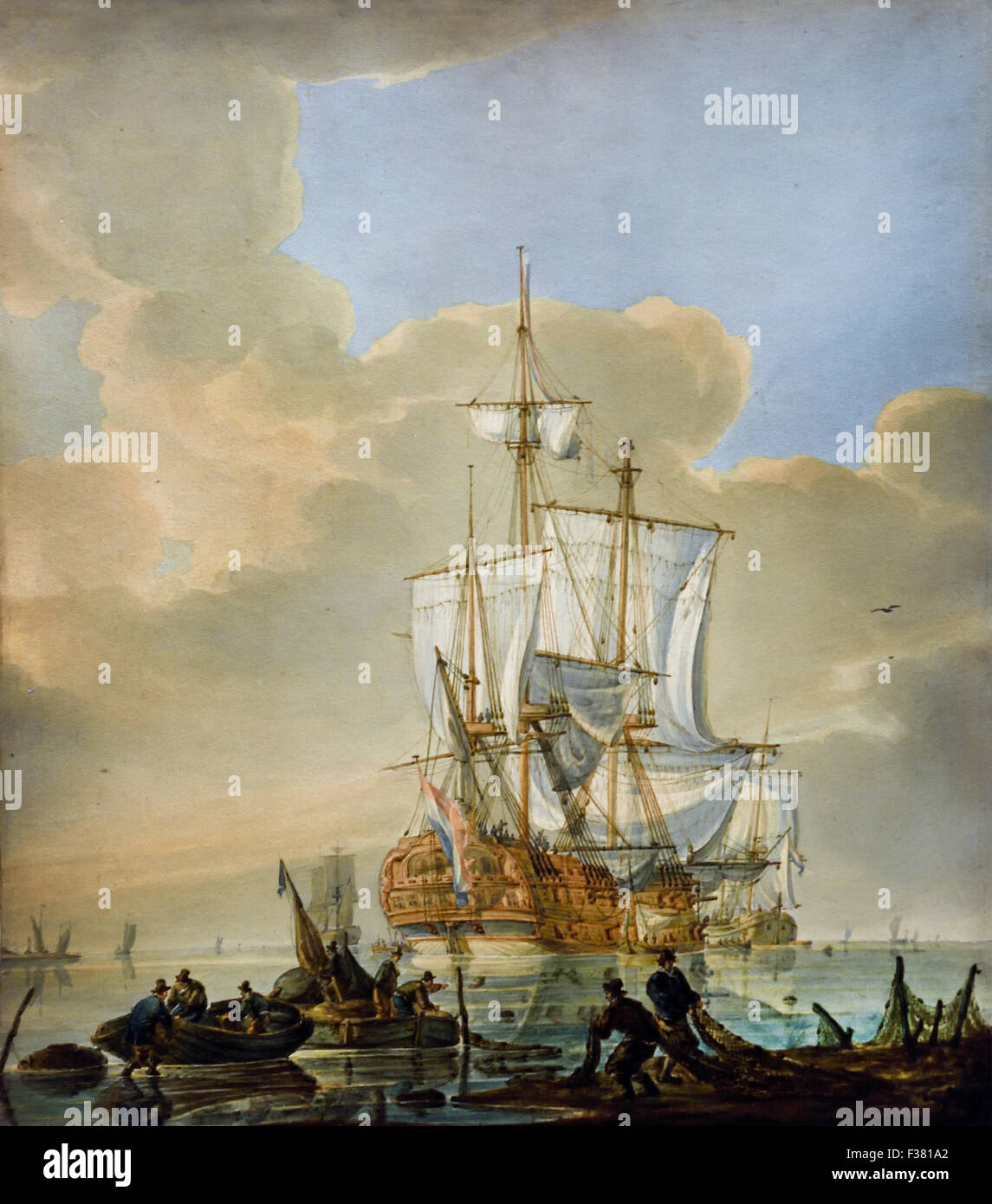 Nave da Guerra in un acqua calma vicino alla costa 1815 Johannes Christiaans Schotel 1787-1838 olandese ( Paesi Bassi ) ad acquerello Foto Stock