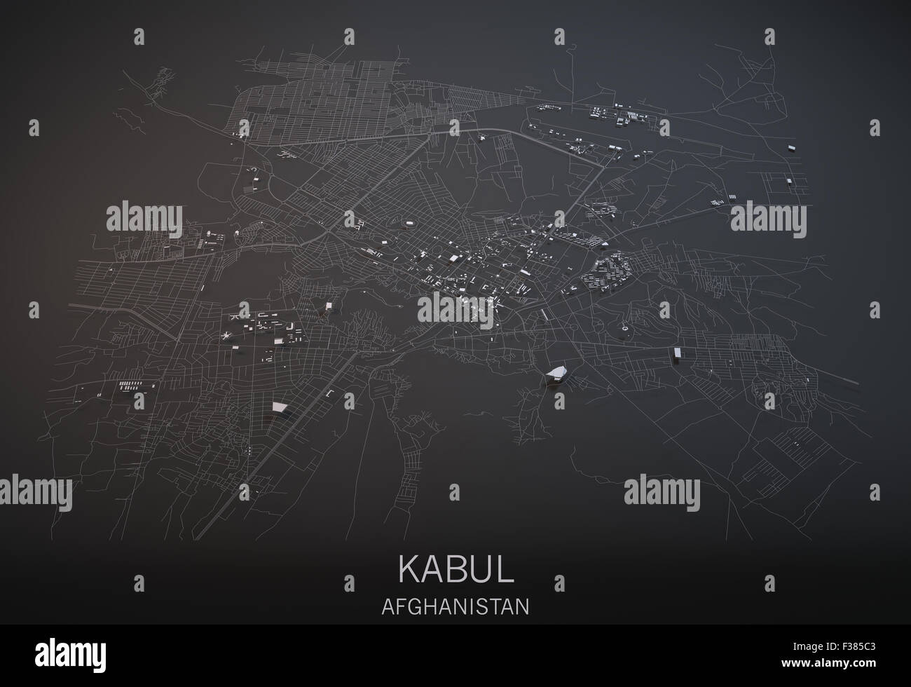 Mappa di Kabul, Afghanistan, satellite consente di visualizzare la mappa in 3d. In bianco e nero Foto Stock