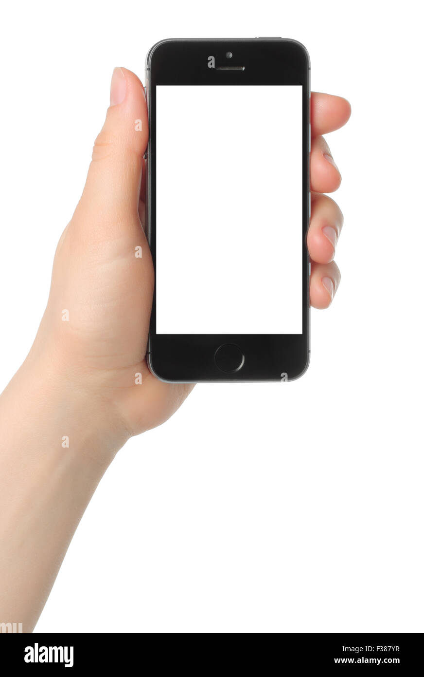 KIEV, UCRAINA - 7 marzo 2015:mano trattiene iPhone 5s spazio grigio su sfondo bianco Foto Stock