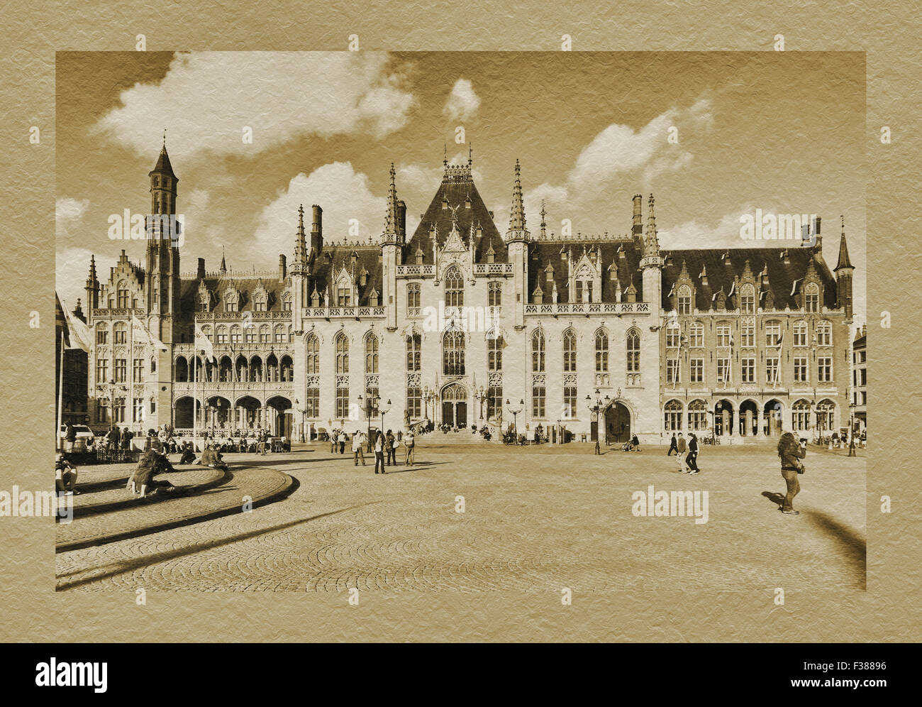 La piazza del mercato con il Provinciaal Hof, un monumentale edificio neo-gotico del XIX secolo a Bruges, Belgio, Europa Foto Stock
