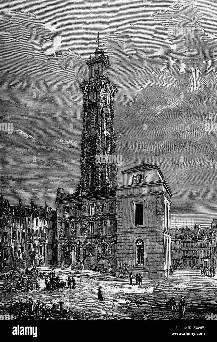 Il campanile di Valenciennes, una cittadina nel dipartimento del Nord della Francia settentrionale. Sito di un assedio, 13 giugno e 28 luglio 1793, durante la campagna delle Fiandre della guerra della prima coalizione. Foto Stock