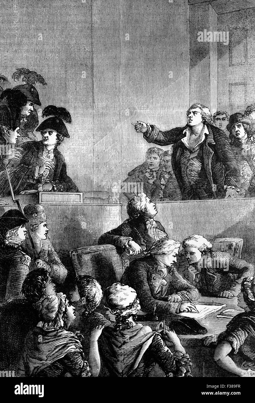 Georges Jacques Danton, una figura di primo piano nelle prime fasi della rivoluzione francese, difendersi dinanzi al tribunal su vari (politico) oneri relativi alle sue azioni. Foto Stock