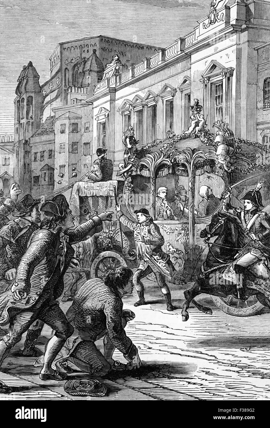 Il tentativo di assassinio del re George III sul suo modo alla House of Lords nel 1795. La trama ha coinvolto l'uso di un dardo avvelenato sparato da un pop-gun per portare il re del regno ad una prematura conclusione Foto Stock