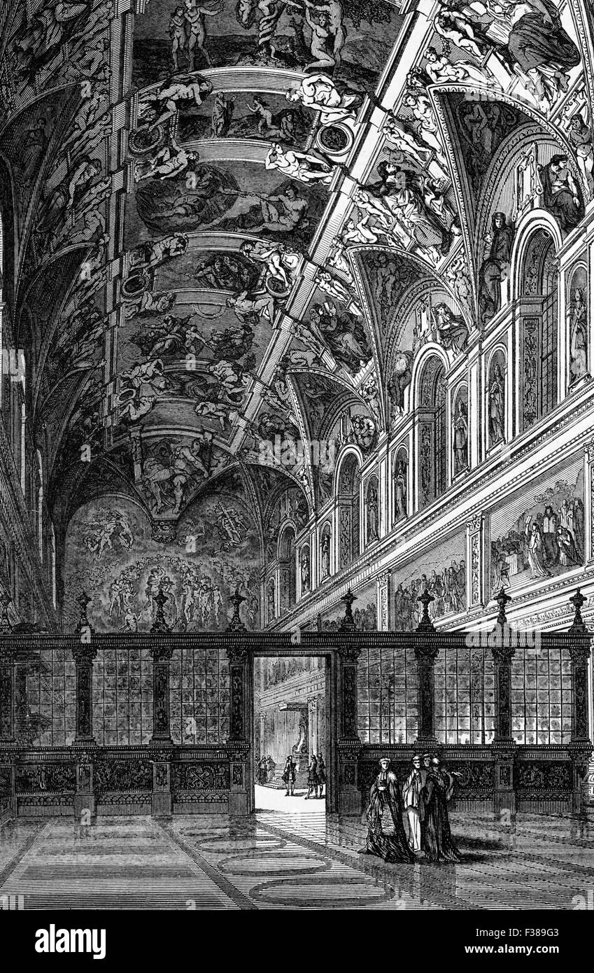 Un tardo XVIII secolo vista della Cappella Sistina, una cappella nel Palazzo Apostolico, la residenza ufficiale del Papa nella Città del Vaticano. Originariamente conosciuto come la Cappella Magna, la cappella prende il suo nome da papa Sisto IV, che ha restaurato tra il 1477 e il 1480. Oggi è la sede del conclave, il processo mediante il quale un nuovo Papa è selezionato. La fama della Cappella Sistina si trova principalmente nel ciclo di affreschi che decorano gli interni, e più in particolare del soffitto della Cappella Sistina e il Giudizio Universale di Michelangelo. Foto Stock Un tardo XVIII secolo vista della Cappella Sistina, una cappella nel Palazzo Apostolico, la residenza ufficiale del Papa nella Città del Vaticano. Originariamente conosciuto come la Cappella Magna, la cappella prende il suo nome da papa Sisto IV, che ha restaurato tra il 1477 e il 1480. Oggi è la sede del conclave, il processo mediante il quale un nuovo Papa è selezionato. La fama della Cappella Sistina si trova principalmente nel ciclo di affreschi che decorano gli interni, e più in particolare del soffitto della Cappella Sistina e il Giudizio Universale di Michelangelo. Foto Stock