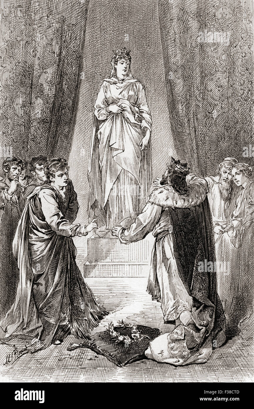 Una scena da William Shakespeare inverno del racconto. Atto V, scena 3. Leontes: "Nessuno mi mock, io baciarla.' illustrazione da Gordon Browne. Foto Stock