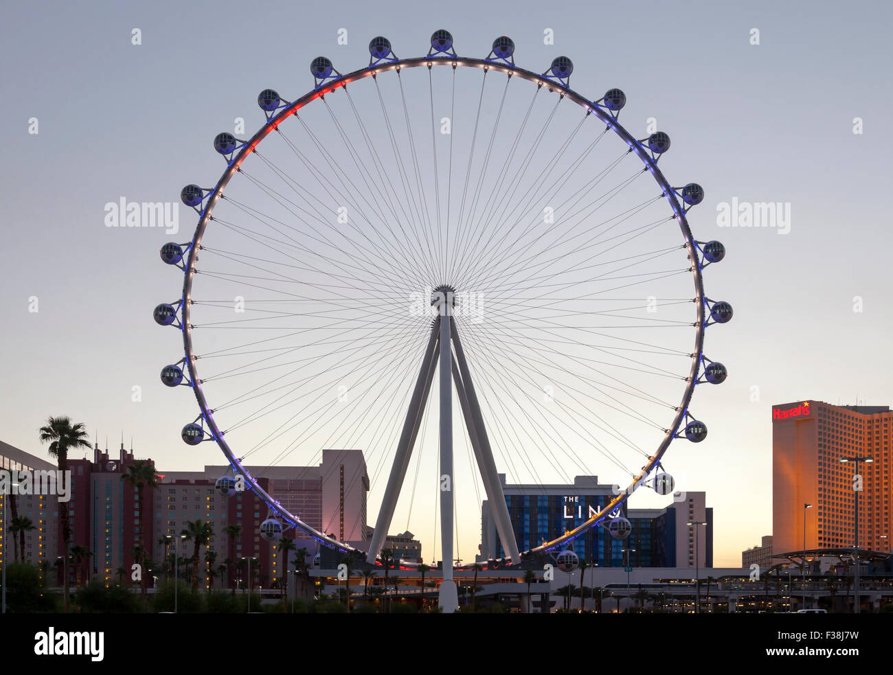 Una vista serale della alta rullo ruota panoramica Ferris a Las Vegas, Nevada. Foto Stock