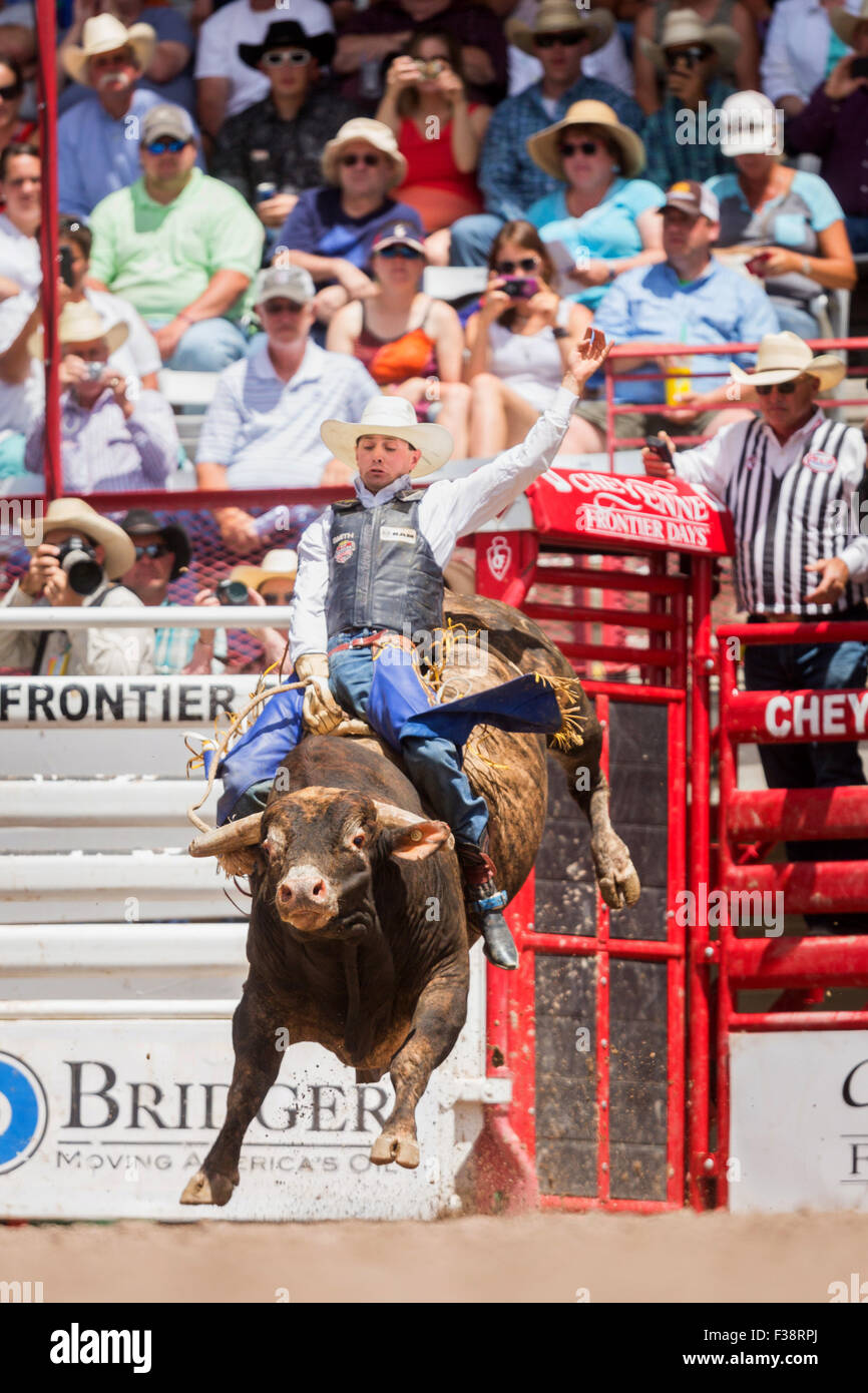 Bull rider Tyler Smith detiene sul Hey gemme allo Cheyenne Frontier Days rodeo di frontiera Arena Parco Luglio 24, 2015 in Cheyenne Wyoming. Giorni di frontiera celebra le tradizioni del cowboy del west con un rodeo, parata e fiera. Foto Stock