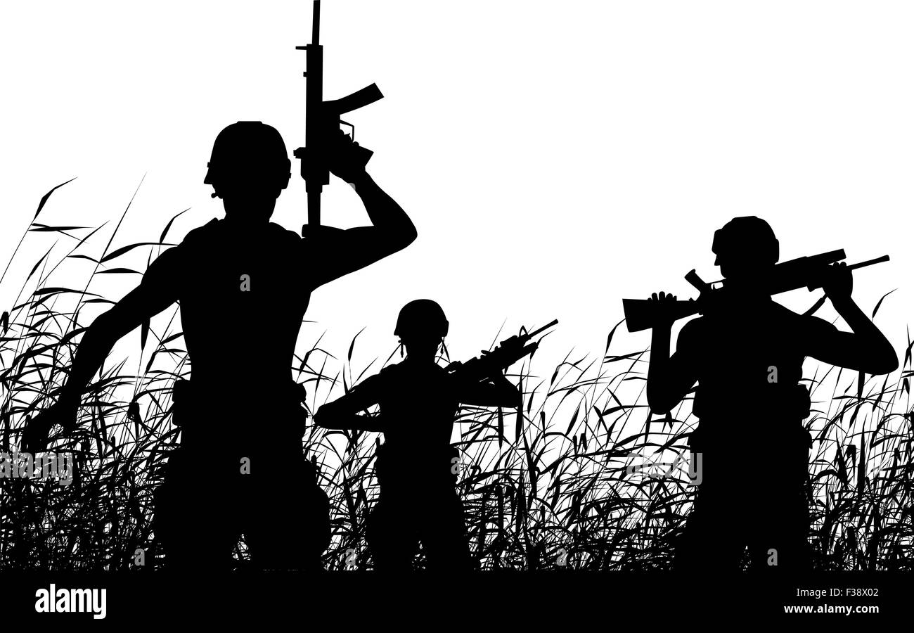 EPS8 vettore modificabile silhouette di soldati di pattuglia in un reedswamp Illustrazione Vettoriale