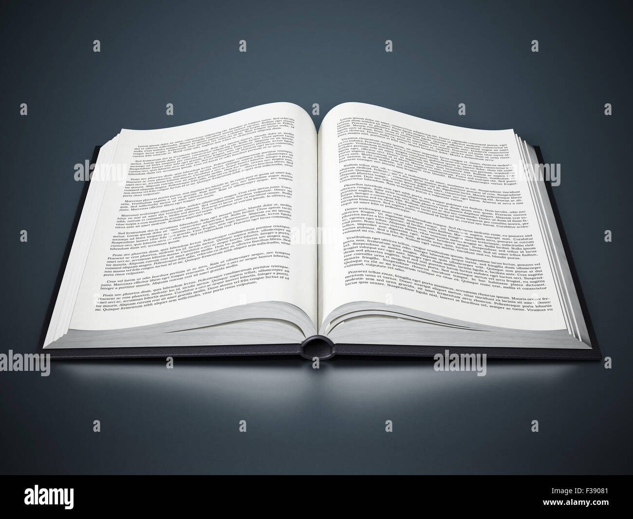 Libro aperto con fittizio di lorem ipsum testo Foto Stock