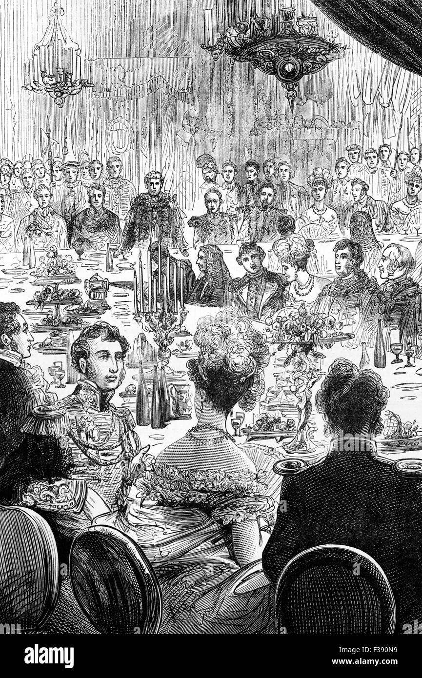 Un banchetto dato ad Alessandro I, aka Alessandro il beato, l'imperatore di Russia, re di Prussia dal Principe Reggente (più tardi re George IV) in The Guildhall di Londra, Inghilterra, 1815. Foto Stock