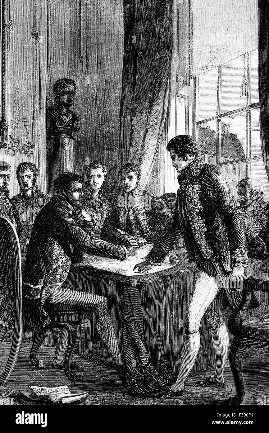 Un rappresentante degli alleati di firmare il Trattato di Parigi del 1815, il 20 novembre 1815 dopo la sconfitta e la seconda abdicazione di Napoleone Bonaparte. Il re Luigi XVIII è stato reintegrato., Foto Stock
