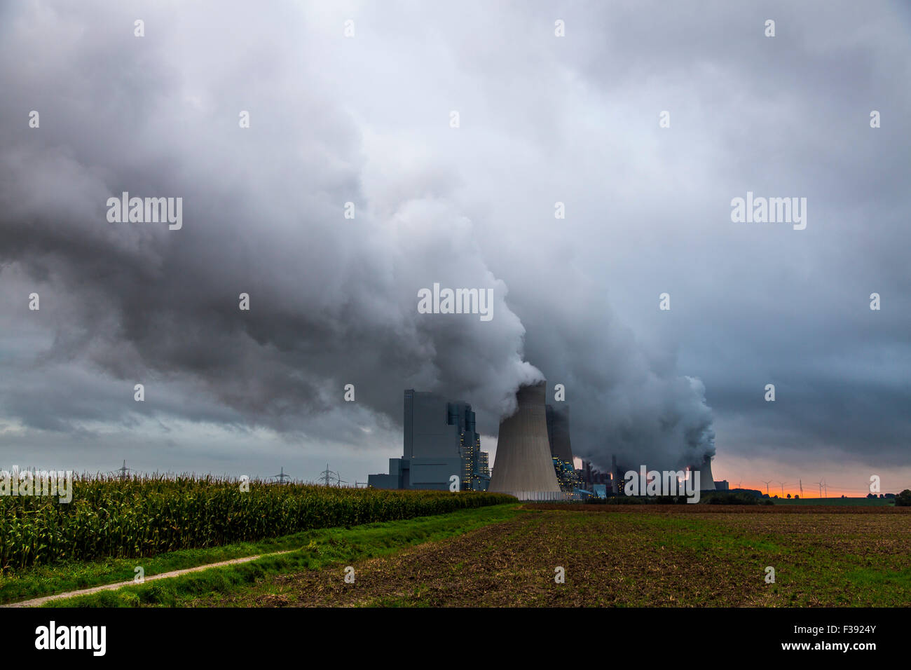 Alimentato a lignite Power Plant, produzione di energia, con un sacco di CO2, scarico in Grevenbroich-Neurath, di RWE power AG Foto Stock