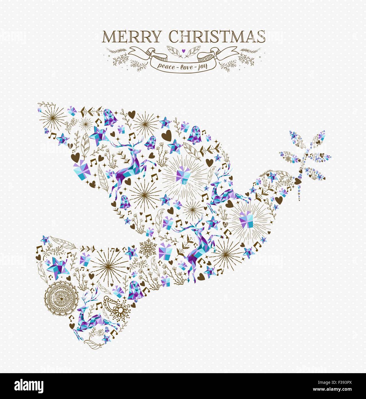 Buon Natale di pace in forma di colomba composizione con le renne e vintage elementi di vacanza. Ideale per natale biglietto di auguri o di inviti. Illustrazione Vettoriale