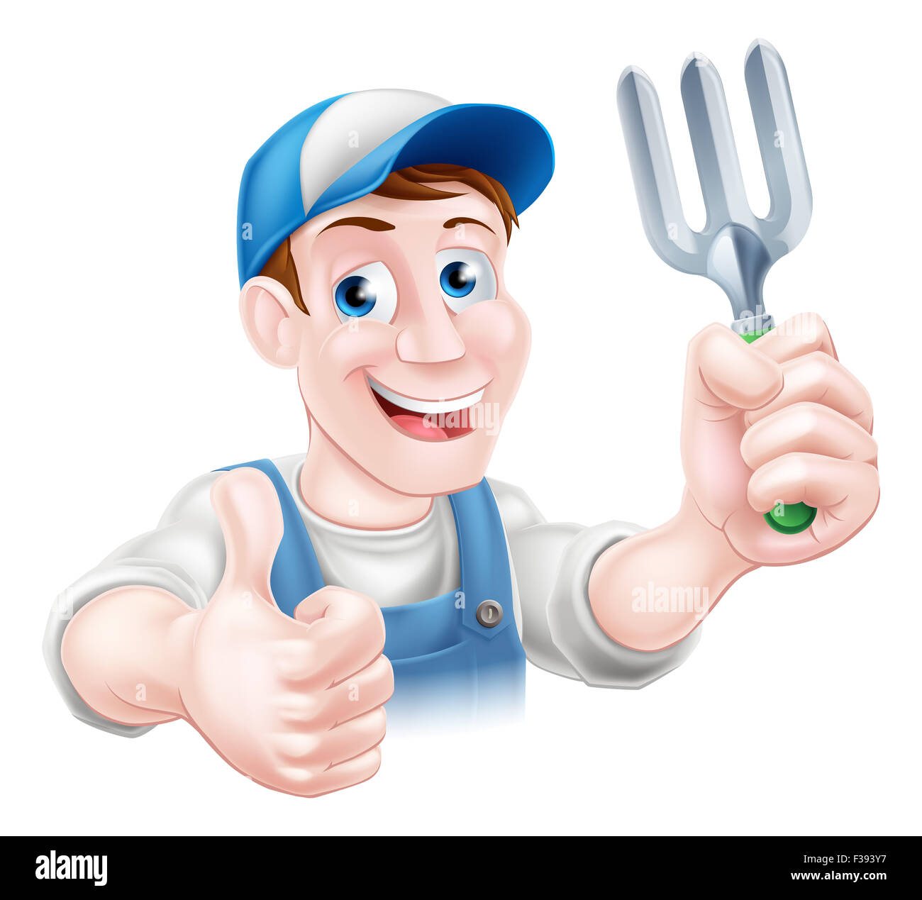 Un cartoon giardiniere carattere tenendo un giardino forcella e dando un pollice in alto Foto Stock