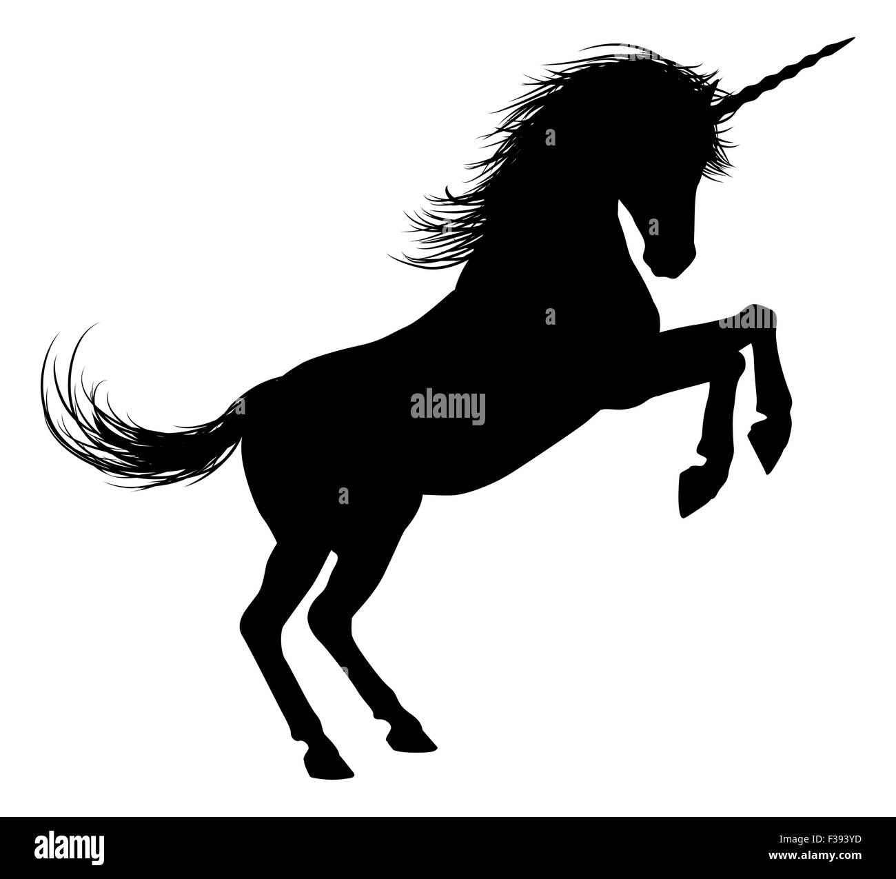 Unicorn mitico cavallo in silhouette in piedi sulle zampe posteriori Foto Stock