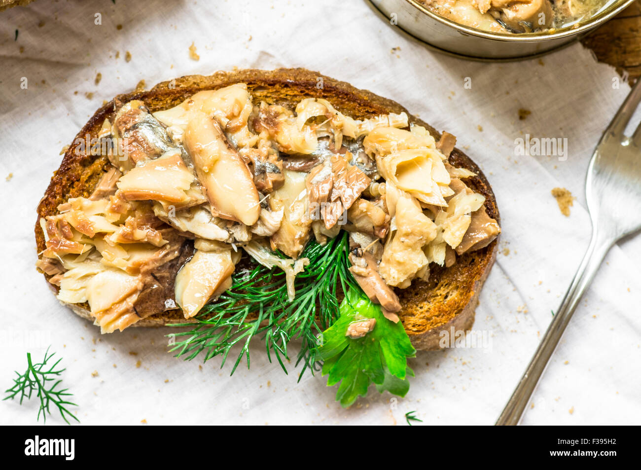 Conserve di pesce in olio sandwich di aringa in stile rustico Foto Stock