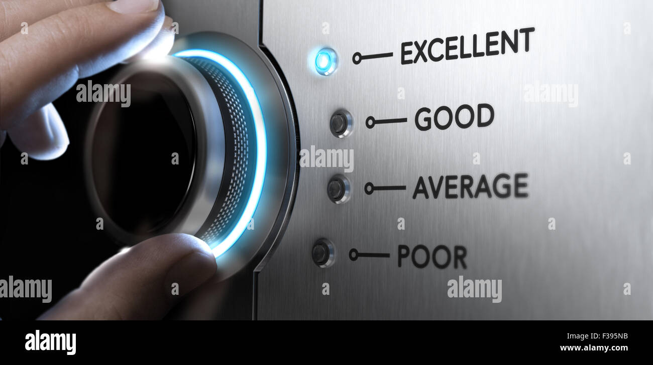 Mano girando una manopola per la posizione superiore, la luce blu ed effetto di sfocatura. Concetto di immagine per un servizio clienti eccellente. Foto Stock