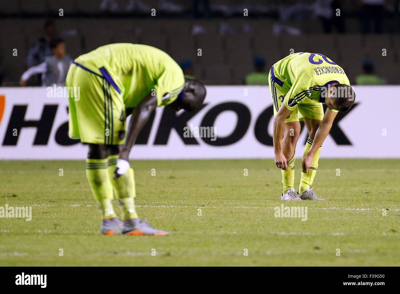 Baku, azerbaigiana. 01 ott 2015. Europa League calcio, stadi di gruppo. FK Qarabag versus RSC Anderlecht. Dendoncker Leander centrocampista di RSC Anderlecht è infelice witht egli risultato © Azione Sport Plus/Alamy Live News Foto Stock