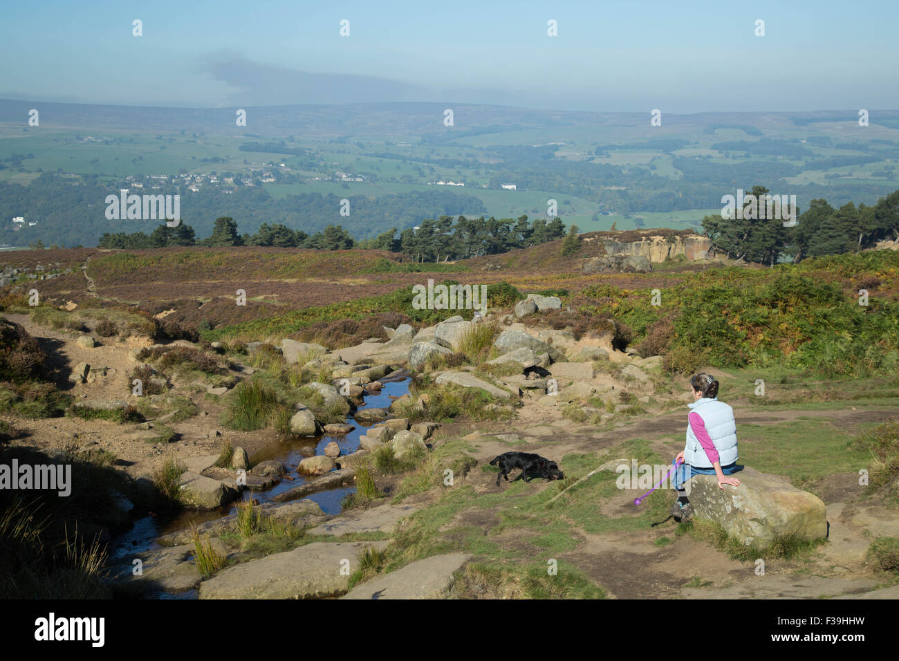 Ilkley Moor nel West Yorkshire, Regno Unito. 2° ottobre 2015. Regno Unito Meteo: gode di una donna il bel sole autunnale e fantastiche vedute con il suo cane sulla sommità di Ilkley Moor nel West Yorkshire, Regno Unito. 2° ottobre 2015. Forecaster hanno predetto che il paese si trova a godere di un ultimo pochi giorni di caldo, la molla come, previsioni del tempo prima che le cose iniziano a girare bagnato e tempestoso della prossima settimana. Credito: Ian Hinchliffe/Alamy Live News Foto Stock