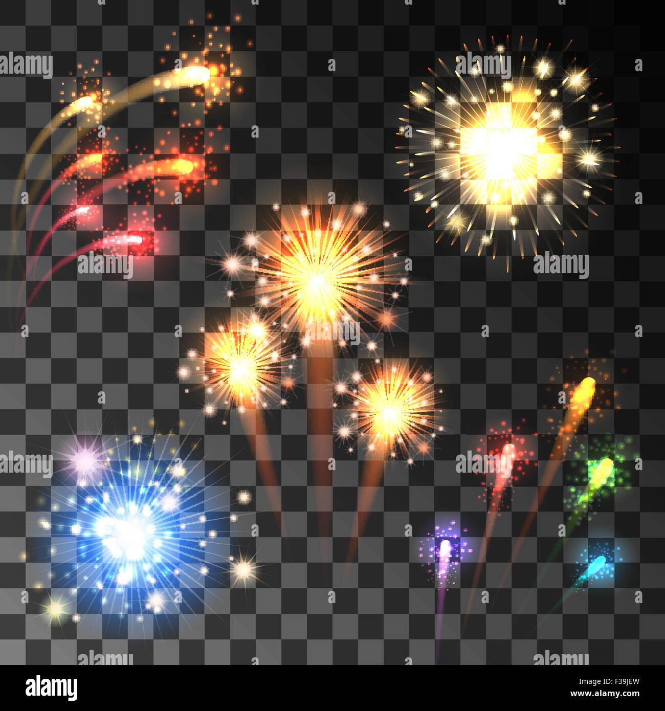 Festive coloratissimi fuochi d' artificio che esplodevano in varie forme scintillanti su sfondo trasparente. Illustrazione Vettoriale