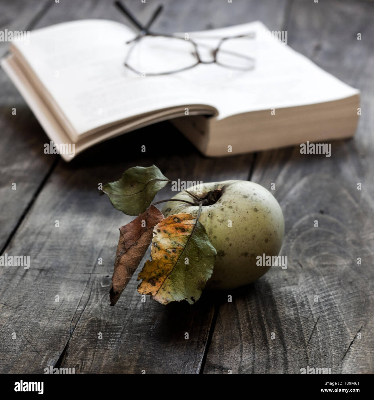 Apple organico e un libro sul legno rustico sfondo, close up Foto Stock