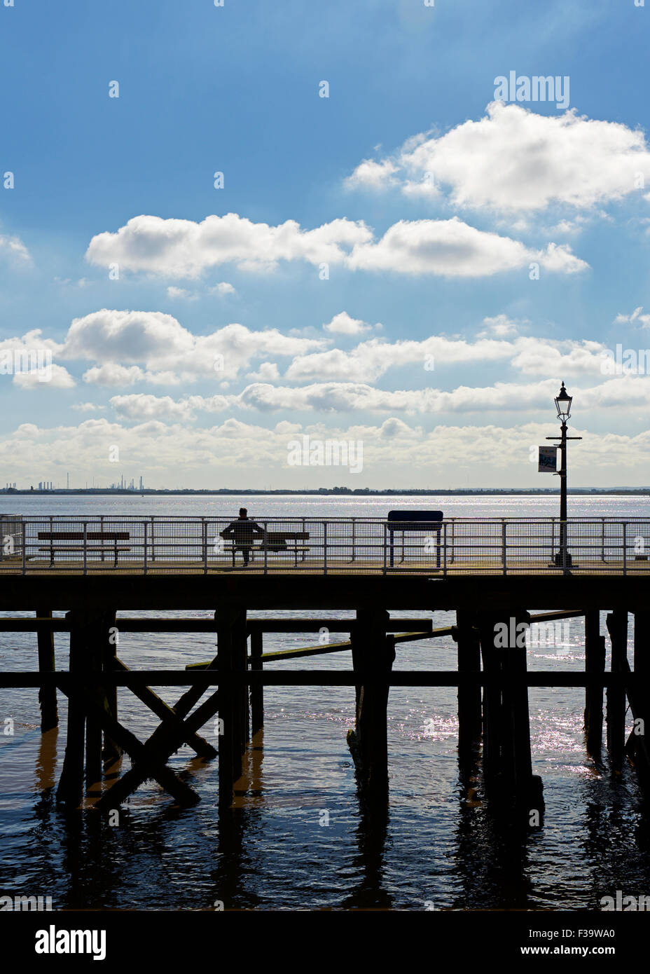 Uomo seduto sul molo di Victoria, guardando il mare di Kingston upon Hull, East Riding of Yorkshire, Inghilterra, Regno Unito Foto Stock