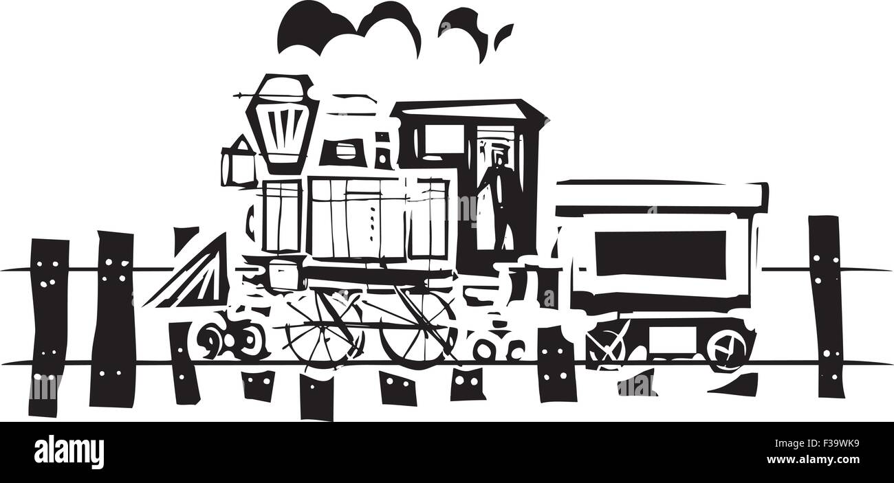 Silografia espressionista immagine di stile di un locomotore ferroviario treno sulle vie Illustrazione Vettoriale
