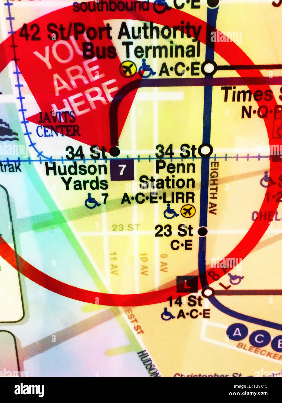 I dettagli sulla posizione, "Voi siete qui' su MTA NYC metro percorso Mappa, NYC, STATI UNITI D'AMERICA Foto Stock