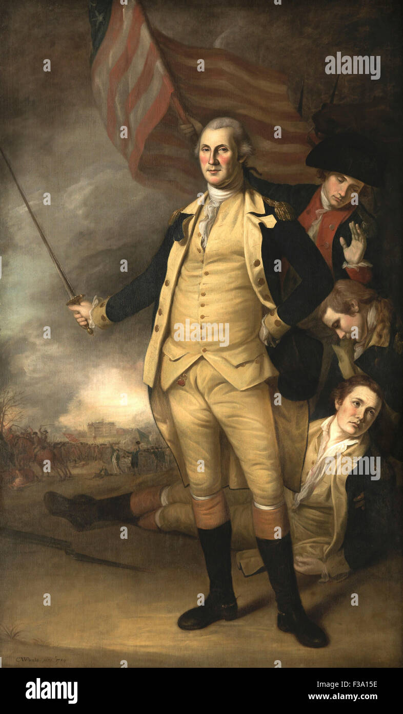 Questo vintage americano della storia della pittura del General George Washington nella battaglia di Princeton. Il documento originale è stato dipinto da Char Foto Stock