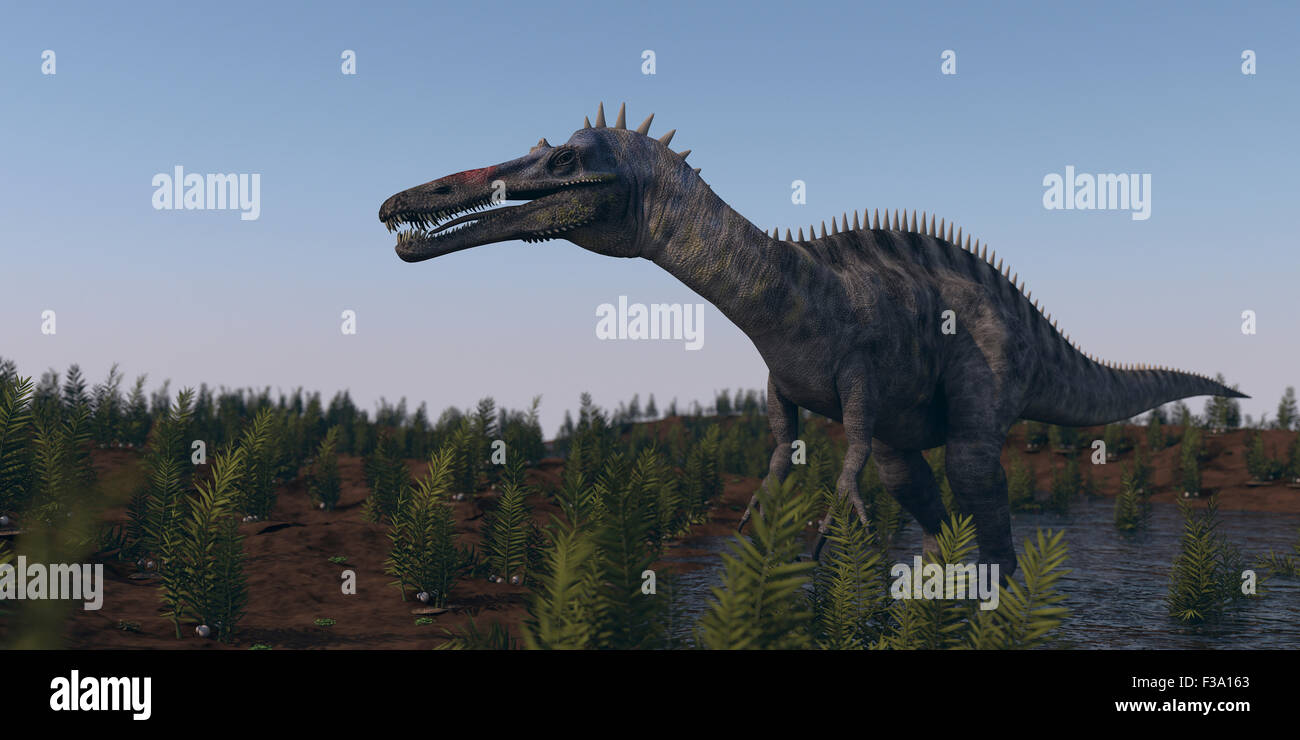 Suchomimus dinosauro in un ambiente preistorico. Foto Stock