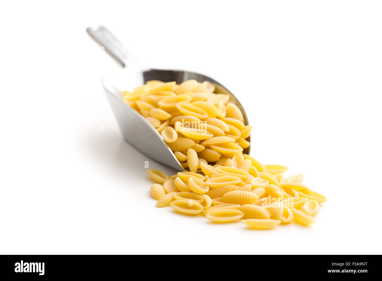 Non cotti pasta italiana in scoop su sfondo bianco Foto Stock