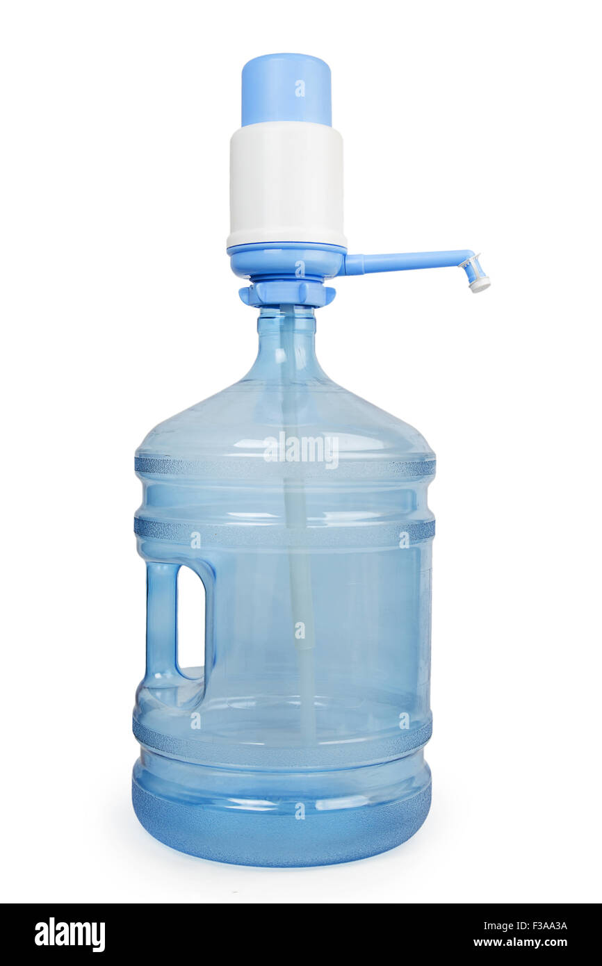 Un grande vuoto bottiglia per acqua con pompa isolati su sfondo bianco Foto Stock
