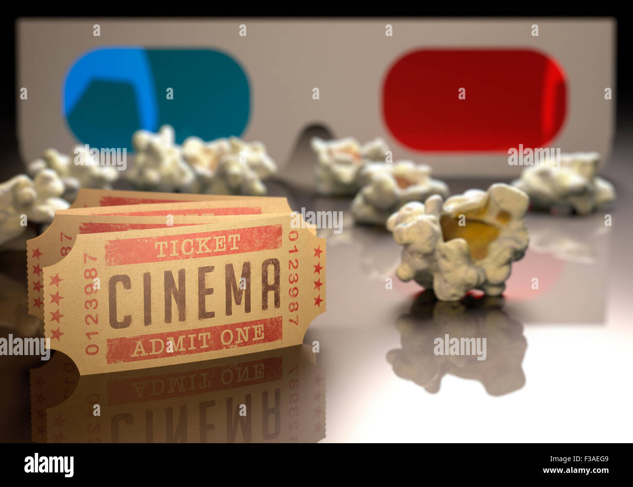 I biglietti del cinema, popcorn e gli occhiali 3d, illustrazione del computer. Foto Stock