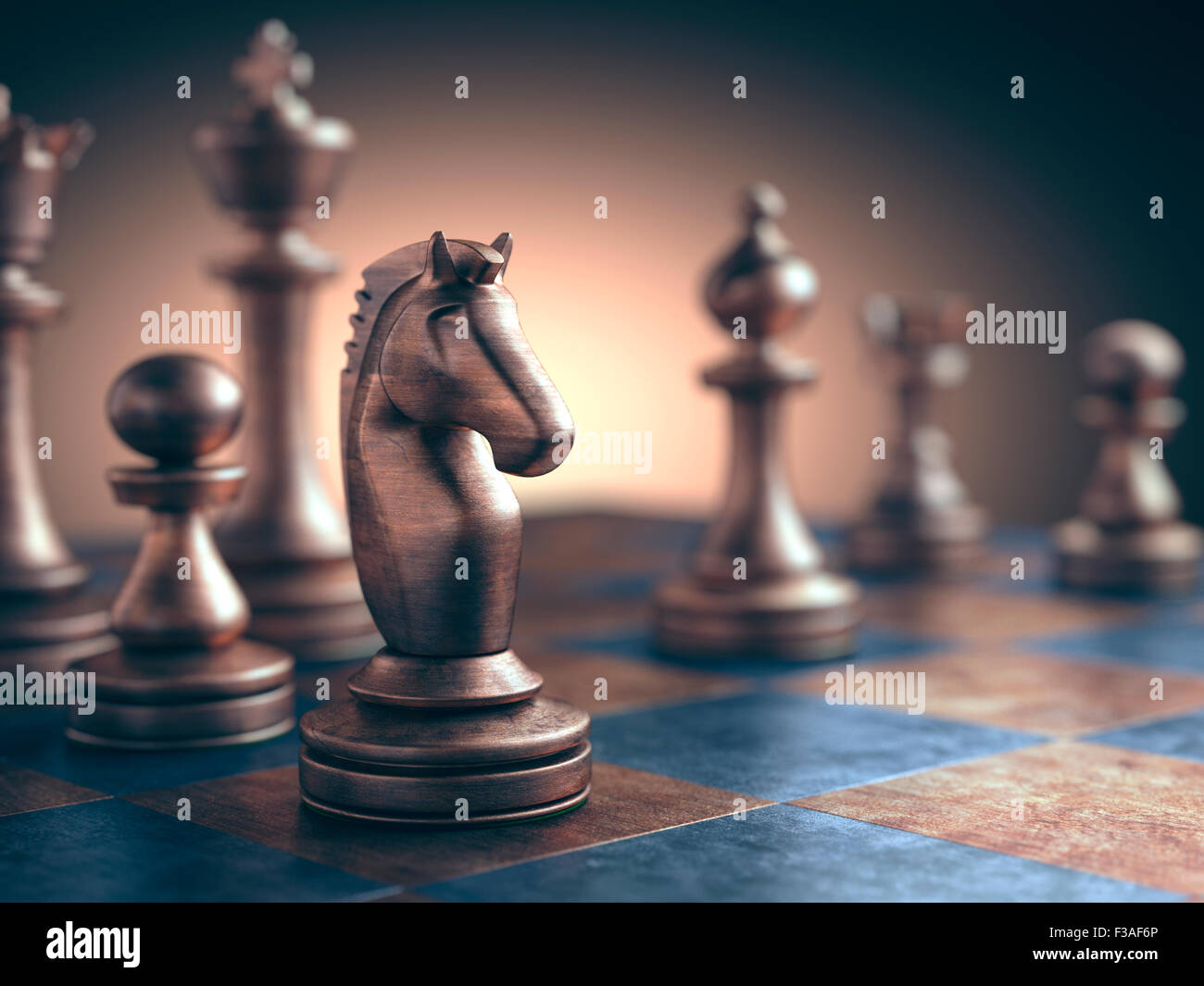 Pezzo degli scacchi (knight) sulla scacchiera, illustrazione del computer. Foto Stock